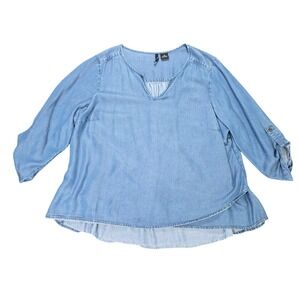 New Directions Curvy Chambray Blouse Women's 2X Blue Tencel  Roll Tab Sleevele‎